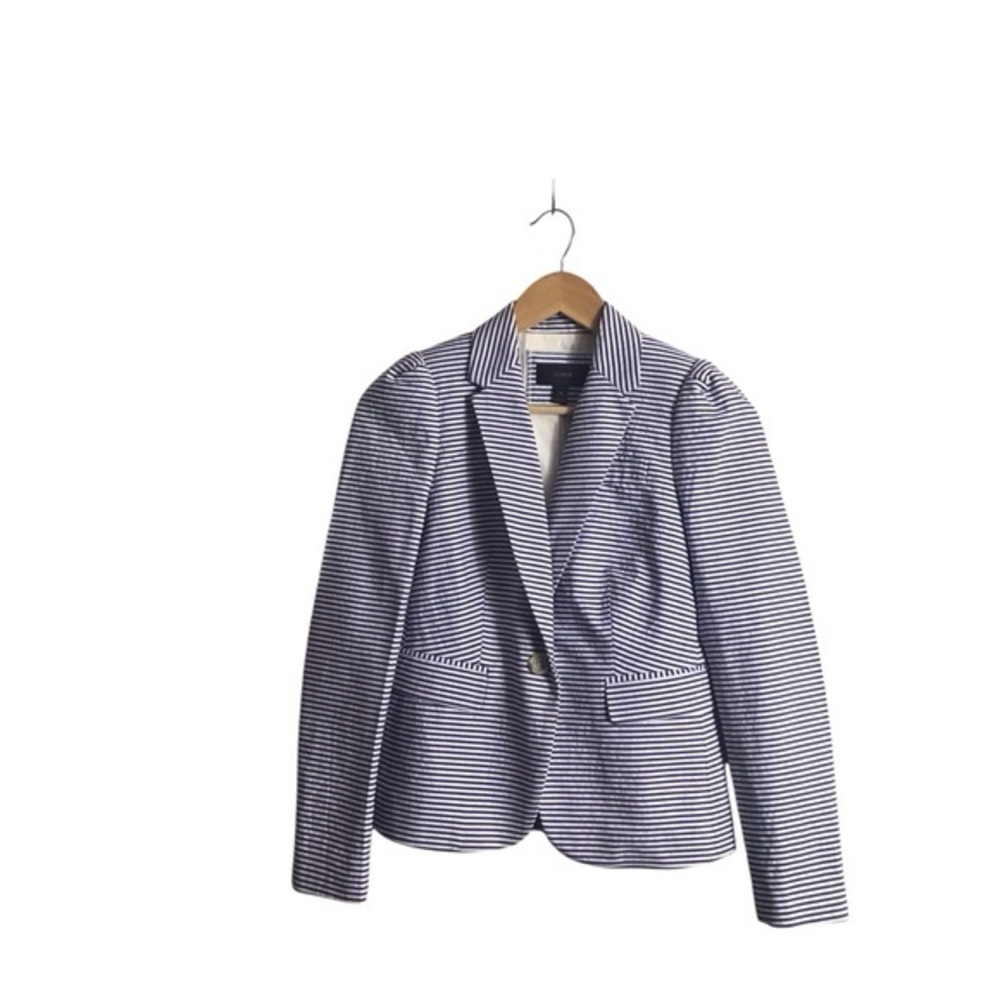 J. Crew Size 00 Puff-Sleeve Blue White Strip‎ Seersucker Blazer Preppy Nautical